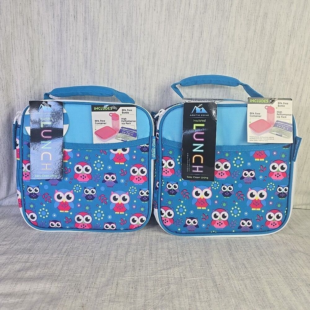Arctic Zone Owl Kids Insulated Lunch Box Lot of 2 w Bottle Container Ice Pack